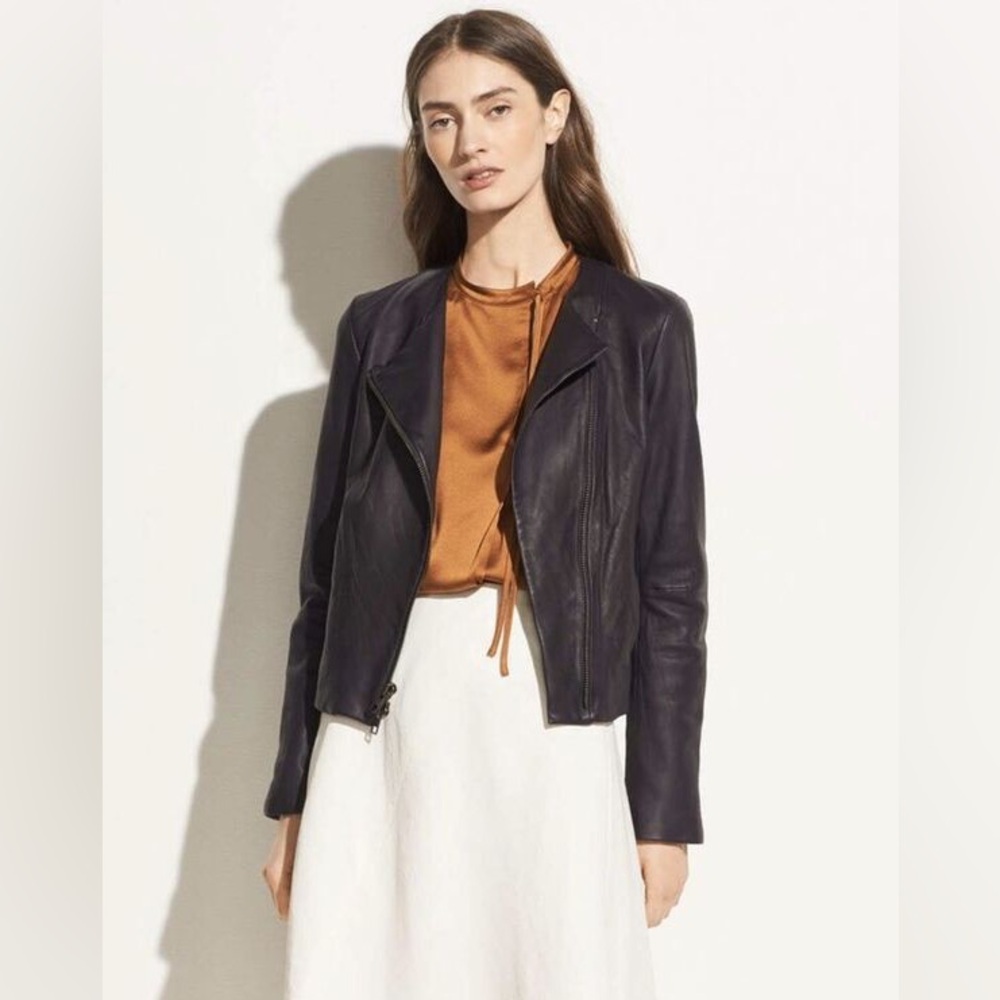 Vince. Cross Front Leather Jacket in Burgundy (M)